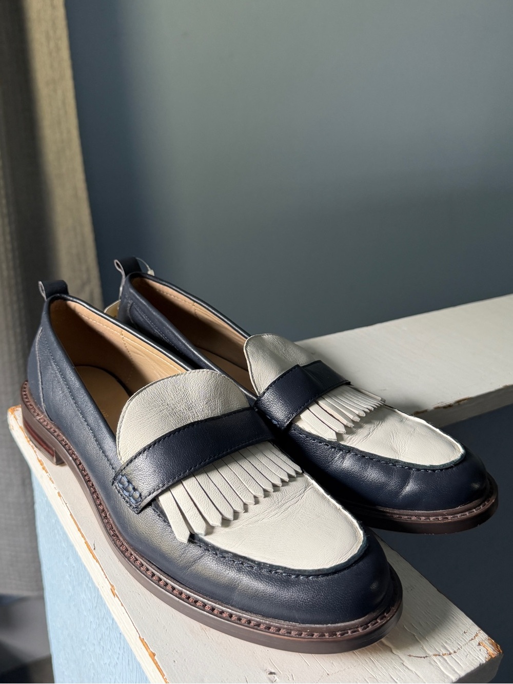 Women’s Two-Tone Fringe Penny Loafers in Navy and Cream